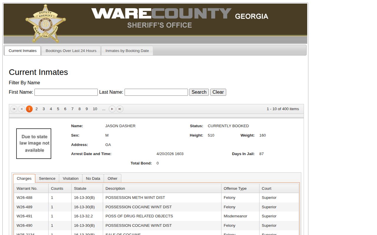 Ware County OffenderIndex prior-inmate booking-date search