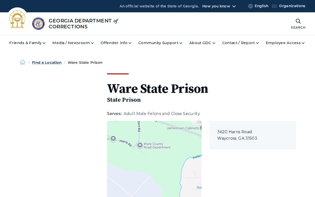 Ware State Prison release record and GDC facility page